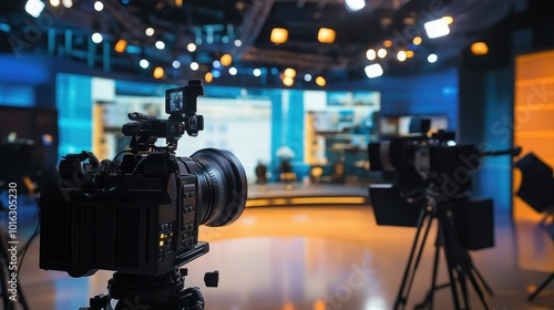 Professional TV studio setup for live breaking news, with modern cameras, lighting, and a newscaster on stage.