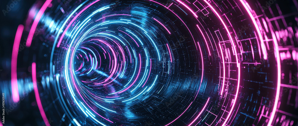 Obraz premium A luminous circular portal encircled by neon pink and blue light effects, crafting a sci-fi inspired gateway symbolizing futuristic technology and possibilities.