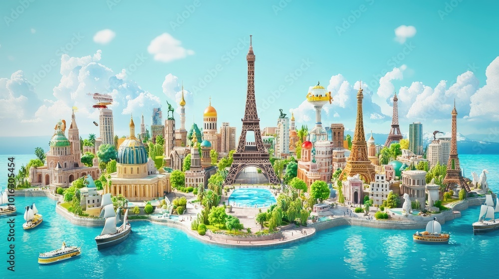 Obraz premium Wallpaper travel illustration 3d color tourism place, landmarks world, travel day wallpaper 3d animation