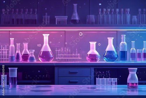 Modern Laboratory with Beakers Test Tubes and Chemical Solutions Symbolizing Experimentation and photo