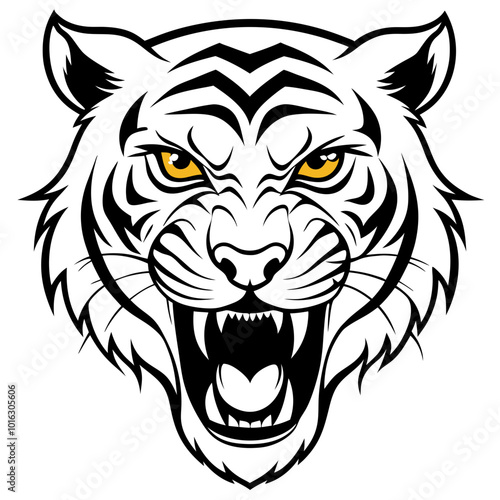 Fierce Roaring Tiger with Sharp Teeth & Glowing Eyes in Bold Line Art Vector