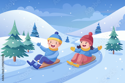 Children sledding down mountain. Winter landscape with snow, trees and mountain. Snowy nature, frosty winter day. Vector cartoon illustration