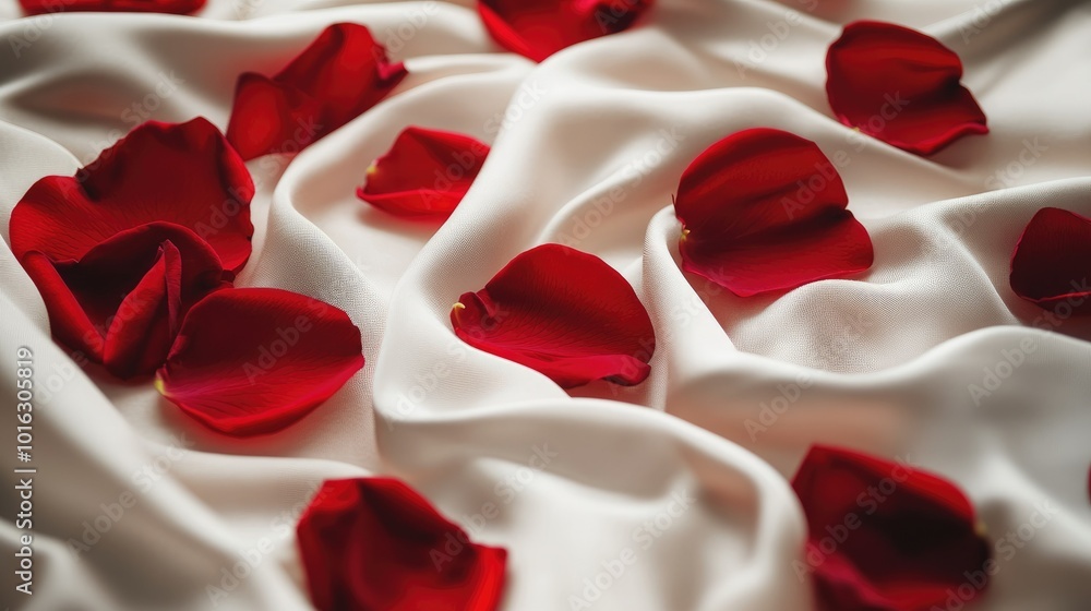 Red rose petals scattered on smooth white fabric, forming a rich and elegant background with a romantic feel. Red rose petals scattered on smooth white fabric, forming a rich and elegant background with a romantic feel.