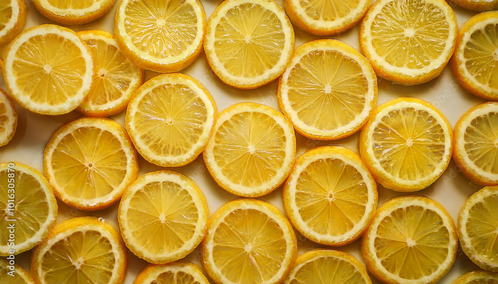 Bright yellow lemon slices. Tasty fruit. Natural and healthy citrus. Abstract pattern. Top view. Bright yellow lemon slices. Tasty fruit. Natural and healthy citrus. Abstract pattern. Top view.