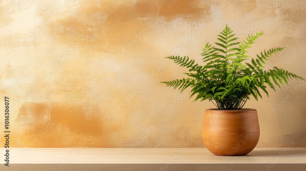 Green Fern Plant In Wooden Pot On Wooden Shelf Against Yellow Wall Green Fern Plant In Wooden Pot On Wooden Shelf Against Yellow Wall