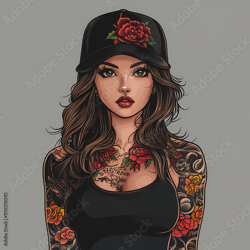 Anime Pin-Up Girl Tattoo Logo Vector Illustration