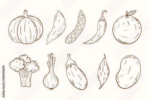 Hand draw doodle vegetables icon set. Outline veggie collection. Organic farm fresh veggies for banners, posters, farmers market, labels, packaging
