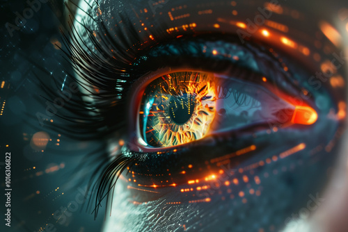 Close-up of a human eye reflecting a cityscape in a futuristic digital overlay, symbolizing urban life and technology.