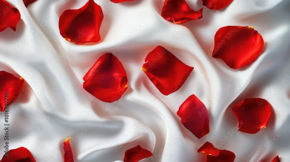 Romantic scene with red rose petals on soft white fabric, forming a visually pleasing and luxurious pattern. Romantic scene with red rose petals on soft white fabric, forming a visually pleasing and luxurious pattern.