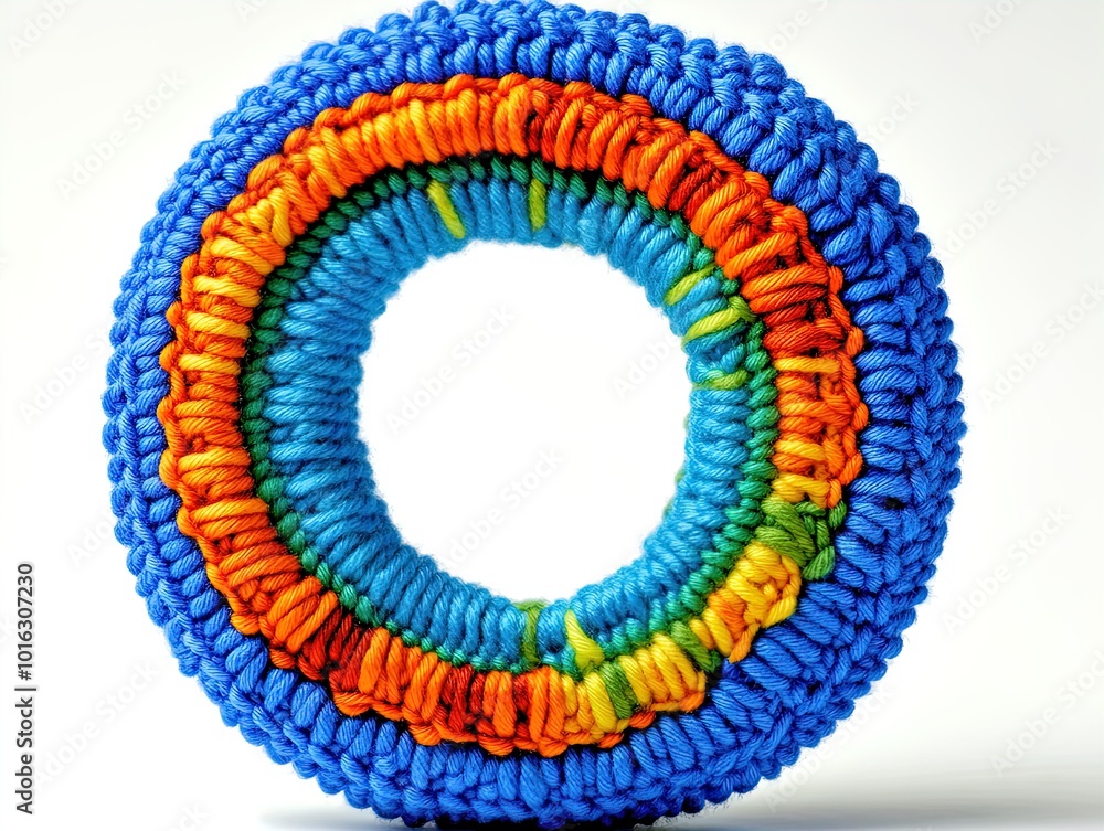 Vibrant Knitted 'O' Decor: A Unique Poster Design for Sporting Interiors, Showcasing Rich Blues and Greens with Intricate Stitching Against a Neutral Background Vibrant Knitted 'O' Decor: A Unique Poster Design for Sporting Interiors, Showcasing Rich Blues and Greens with Intricate Stitching Against a Neutral Background