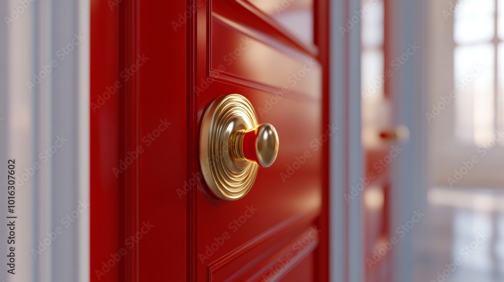 A close-up of a classic red door with a golden knob. A close-up of a classic red door with a golden knob.