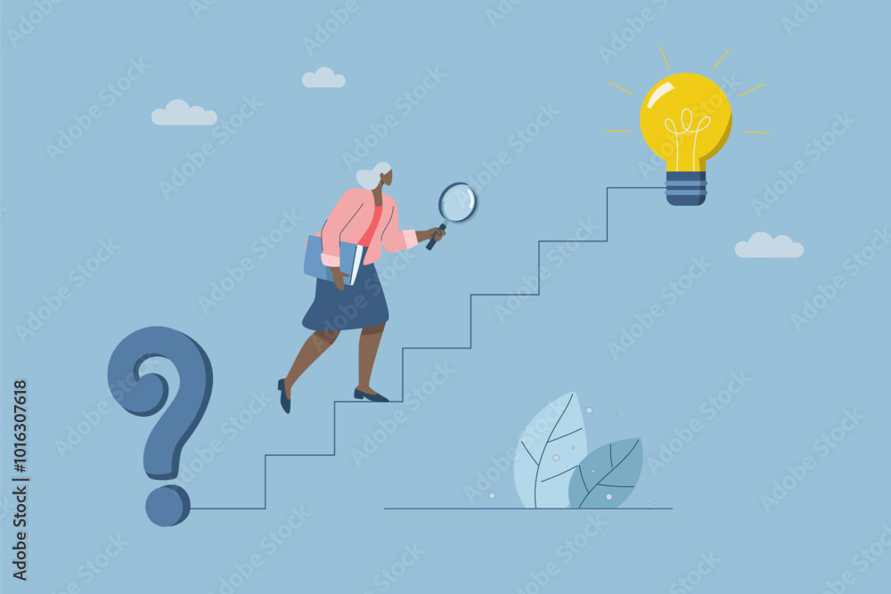 Businesswoman holding magnifying glass searching for solution to problem of stairs between question mark and light bulb, Finding the right direction or solution to a problem, Creativity to success. Businesswoman holding magnifying glass searching for solution to problem of stairs between question mark and light bulb, Finding the right direction or solution to a problem, Creativity to success.
