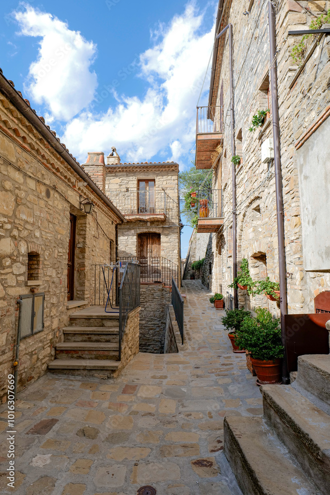 Obraz premium A small street among the old houses of a Guardia Perticara, small town in Basilicata, Italy.