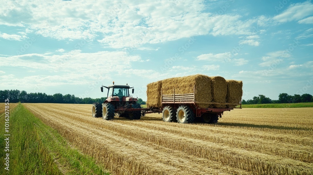 Obraz premium Rural tractor with a hay-loaded trailer in a field, highlighting agricultural activity.
