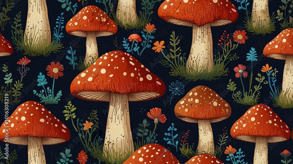 Red mushrooms and flowers seamless pattern. Red mushrooms and flowers seamless pattern.