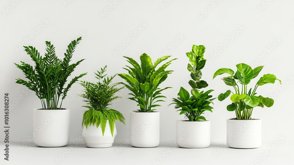 Green Plants in White Pots Against a White Wall Green Plants in White Pots Against a White Wall