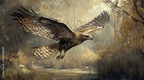 Majestic Hawk Soaring Over a Forest Stream photo