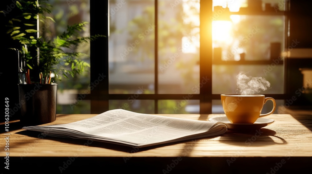 Morning Coffee Newspaper Window Light Sunlight Wooden Table Morning Coffee Newspaper Window Light Sunlight Wooden Table