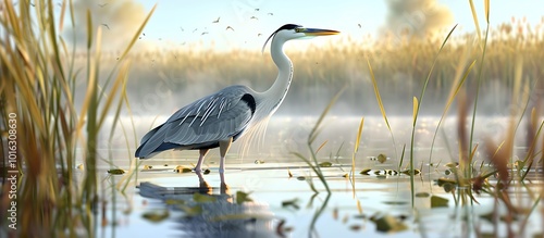 heron stnding grcefully in  mrshlnd with its reflection visible in the still wter nd reeds swying gently round it photo