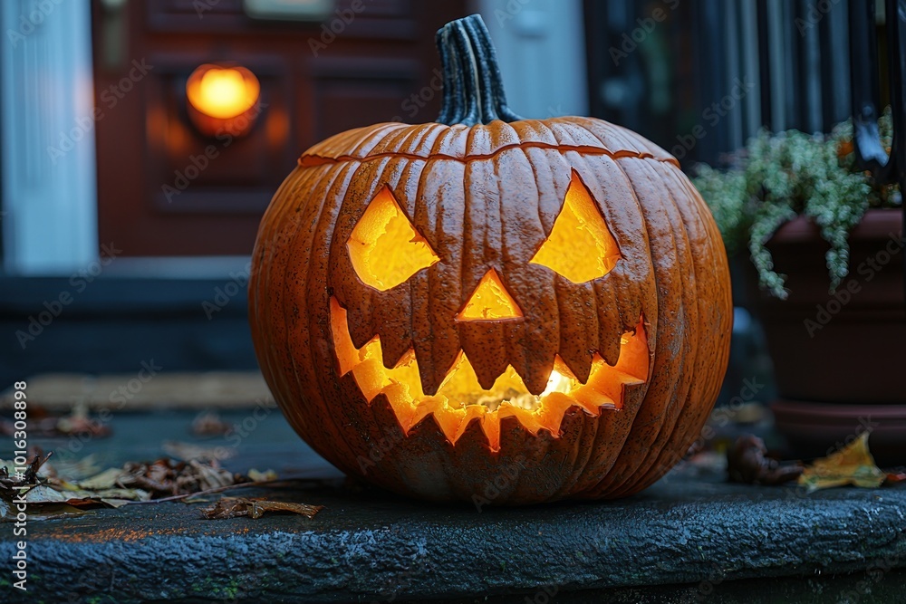 Glowing black jack-o'-lantern on a porch surrounded by autumn leaves during Halloween Generative AI Glowing black jack-o'-lantern on a porch surrounded by autumn leaves during Halloween Generative AI