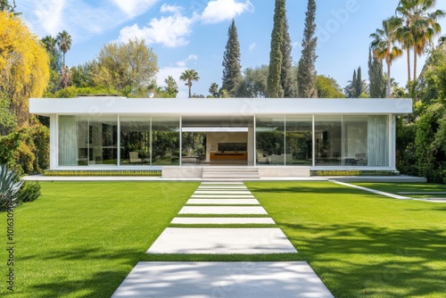 Modern house with large windows overlooking a lush green lawn and a stone pathway leading to the entrance.