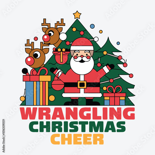 Wrangling Christmas Cheer T-Shirt Design Retro Winter Christmas Vector