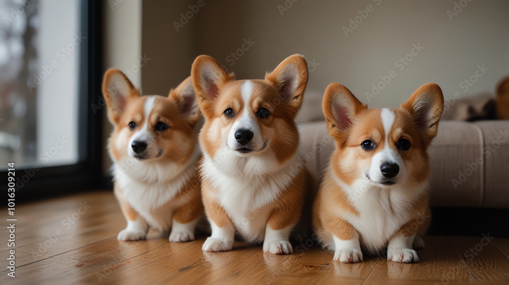Three corgis sitting on a wooden floor. Three corgis sitting on a wooden floor.