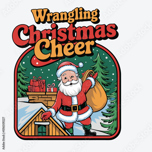 Wrangling Christmas Cheer T-Shirt Design Retro Winter Christmas Vector