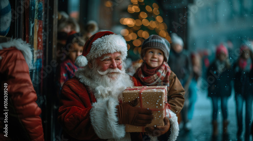 Santa Claus Sitting Next to the Christmas Tree Giving Gifts to Happy Children