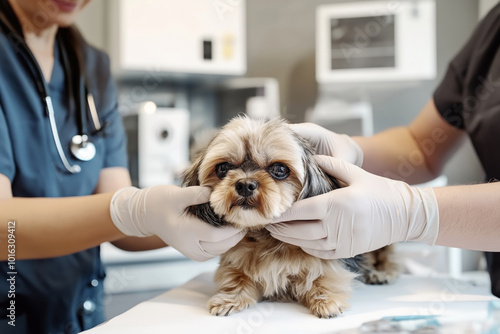 Small dog receiving examination by veterinary professionals wearing gloves, in a modern vet clinic with medical equipment in the background.