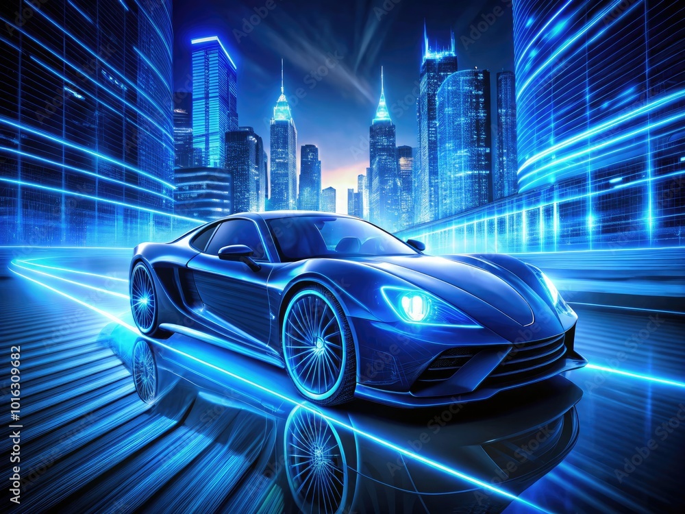 Futuristic 3D Silhouette of Autonomous Blue Supercar Racing into Light - Urban Exploration Photography