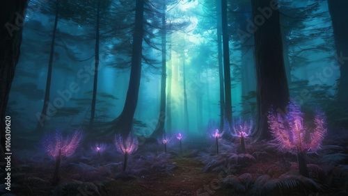 Magical misty forest with sunlight filtering through trees ideal for fantasy and nature themes 