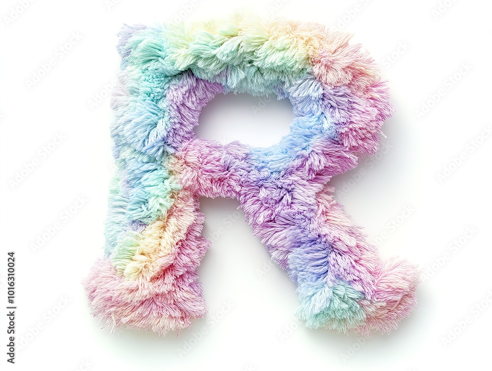 Pastel Yarn 'R' Poster: A Fluffy, Multi-Colored Letter Design for Sports Decor, Featuring Intricate Detailing and a Gentle Gradient Against a Clean White Background Pastel Yarn 'R' Poster: A Fluffy, Multi-Colored Letter Design for Sports Decor, Featuring Intricate Detailing and a Gentle Gradient Against a Clean White Background