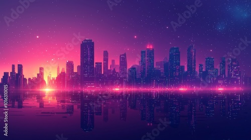 A futuristic cityscape glowing with neon lights at sunset, reflecting vibrantly on the water. The dramatic skyline blends modern architecture with fantasy, creating a dreamlike atmosphere under a