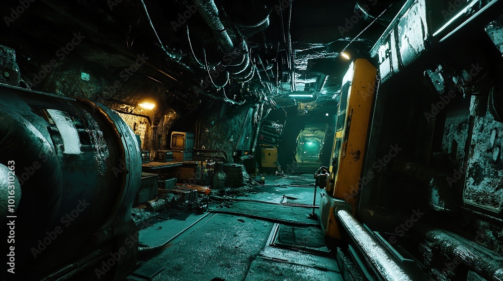 Fototapeta premium Dark Futuristic Industrial Corridor: A Grungy Sci-Fi Tunnel