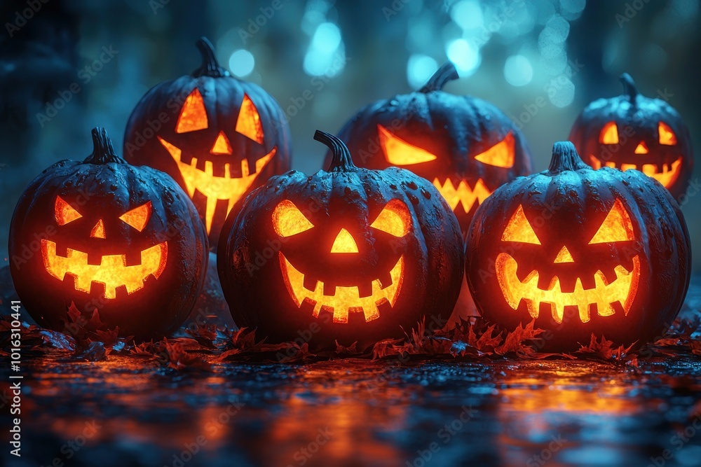 Glowing jack-o'-lanterns with various eerie expressions in a misty and spooky Halloween night scene Generative AI Glowing jack-o'-lanterns with various eerie expressions in a misty and spooky Halloween night scene Generative AI