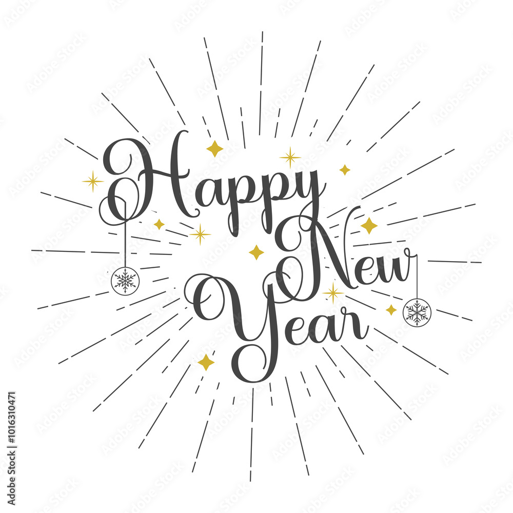 Happy New Year 2025 text with rays of burst. Calendar header for 2025 with wishes. Template for greeting card, banner, invitation. Isolated on white background. Vector illustration. Happy New Year 2025 text with rays of burst. Calendar header for 2025 with wishes. Template for greeting card, banner, invitation. Isolated on white background. Vector illustration.