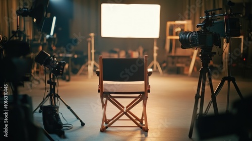 Spotlighted chair in a modern studio, showcasing camera gear, microphones, and a professional production setup.