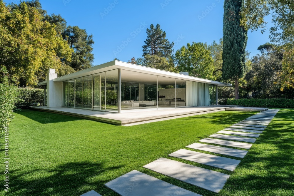 Modern house with large windows, green lawn, and stone pathway. Modern house with large windows, green lawn, and stone pathway.