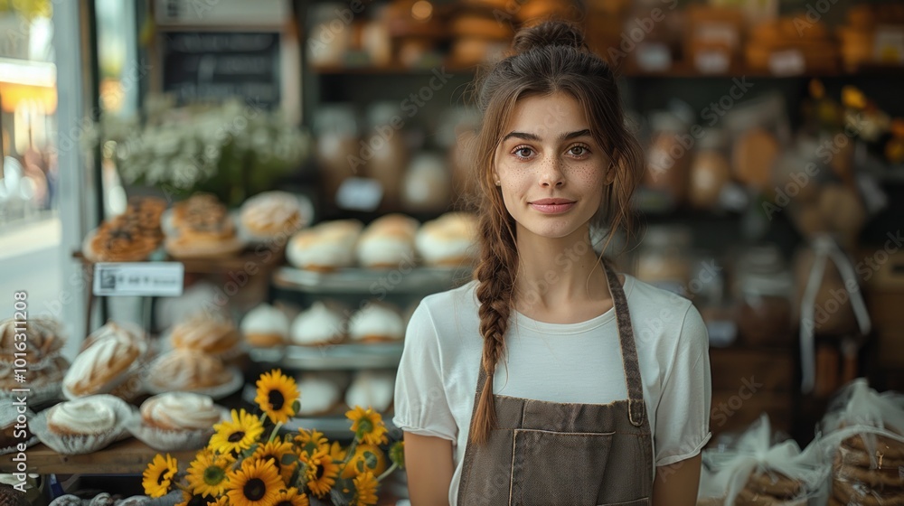 Young woman with braided hair smiles warmly at the bakery, surrounded by fresh pastries and sunflowers. Generative AI Young woman with braided hair smiles warmly at the bakery, surrounded by fresh pastries and sunflowers. Generative AI