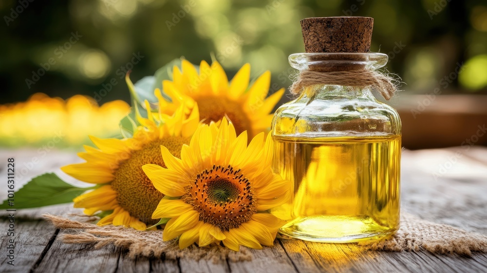 Sunflower oil in a glass bottle, accompanied by bright yellow sunflowers, representing a nutritious cooking oil. Sunflower oil in a glass bottle, accompanied by bright yellow sunflowers, representing a nutritious cooking oil.