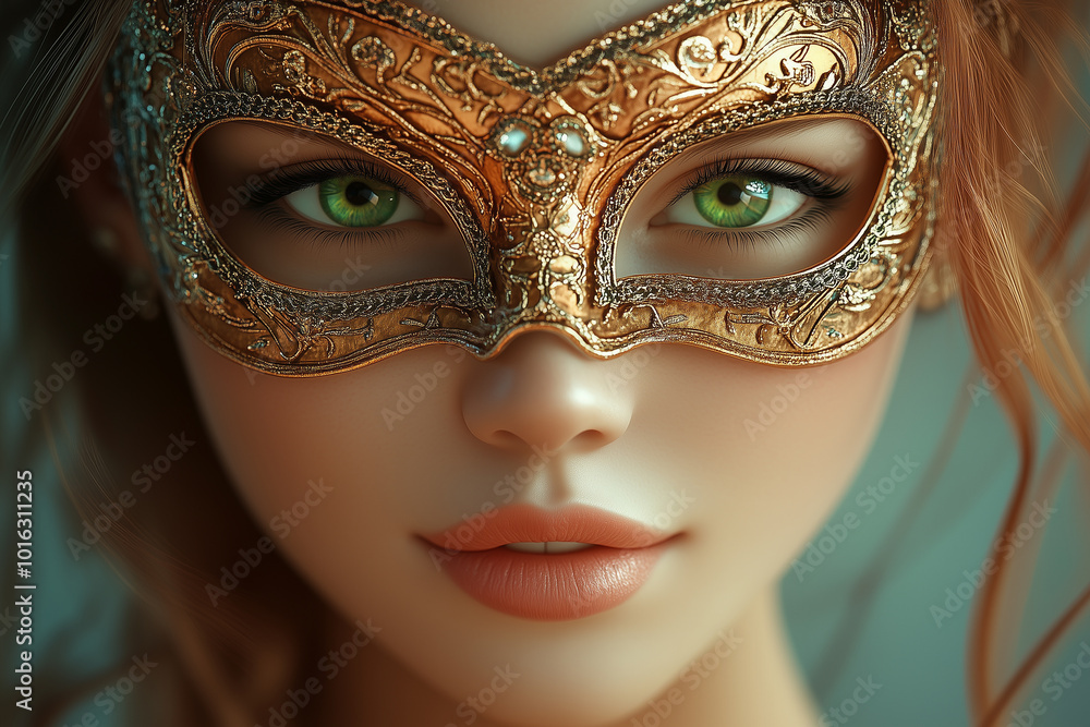 A close-up portrait of a beautiful young woman wearing a richly decorated venetian carnival mask looking at camera A close-up portrait of a beautiful young woman wearing a richly decorated venetian carnival mask looking at camera