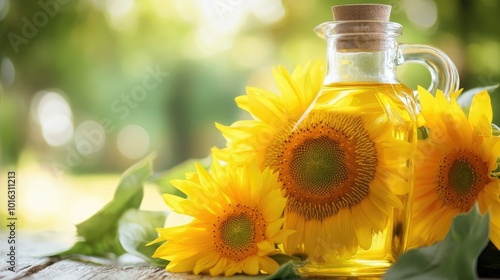 Sunflower oil in a glass bottle, accompanied by bright yellow sunflowers, representing a nutritious cooking oil.