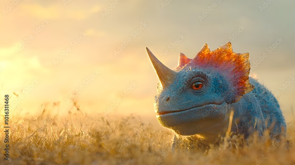 of a Styracosaurus a large herbivorous dinosaur from the Cretaceous period using its spiked frill and sharp horns to ward off predators in a sunlit natural landscape with grass and sky of a Styracosaurus a large herbivorous dinosaur from the Cretaceous period using its spiked frill and sharp horns to ward off predators in a sunlit natural landscape with grass and sky