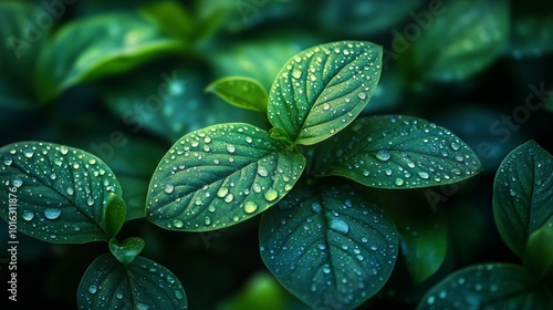 Dew-kissed green leaves glisten under soft light, showcasing nature's beauty in a vibrant forest setting during early morning.