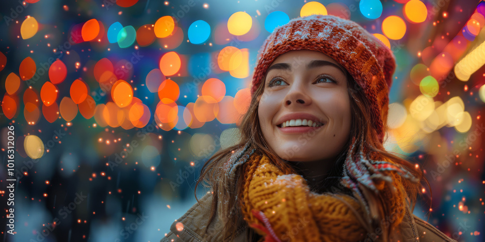 Young smiling woman in cozy winter attire walks through a vibrant city, illuminated by colorful evening lights, snowflakes gently fall around her, copy space Young smiling woman in cozy winter attire walks through a vibrant city, illuminated by colorful evening lights, snowflakes gently fall around her, copy space
