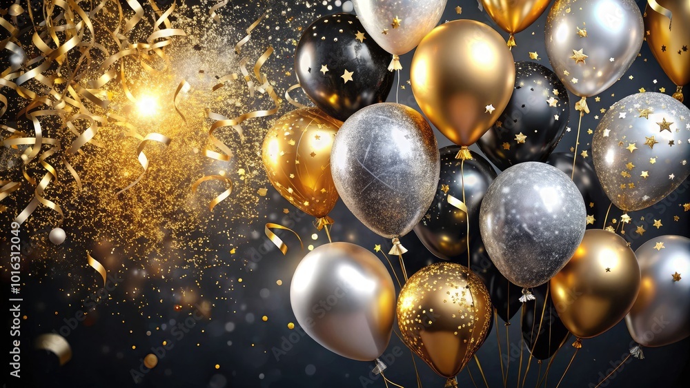 Glittering gold and silver balloons, confetti, and ornate decorations adorn a lavish black and gold backdrop, capturing the essence of a luxurious New Year's celebration. Glittering gold and silver balloons, confetti, and ornate decorations adorn a lavish black and gold backdrop, capturing the essence of a luxurious New Year's celebration.