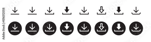 Download icon symbol. Round sign down arrow. Download icon for apps, websites interface.