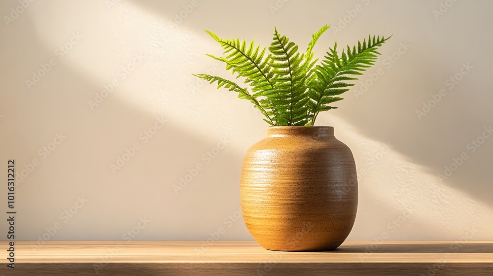 Green Fern Plant in a Brown Ceramic Vase on a Wooden Shelf Green Fern Plant in a Brown Ceramic Vase on a Wooden Shelf