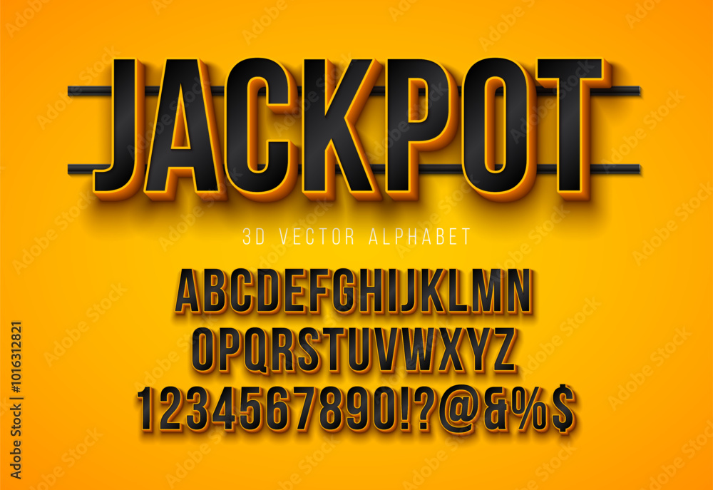 Fototapeta premium Vector 3d Black Alphabet Font Set with Yellow Frame and Shadow on Holding Console Background. Modern Typeface Design Collection with ABC, Number and Special Characters for Banner, Poster or Invitation